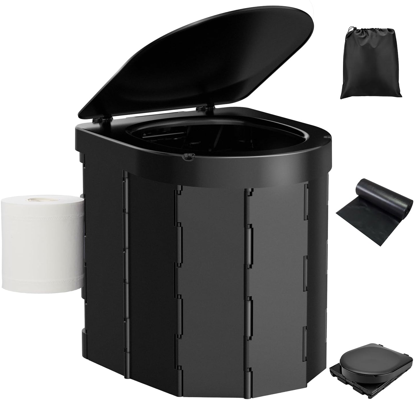Portable Folding Camping Toilet for Adults, Waterproof Porta Potty with Lid, Paper Holder, Carry Bag & Disposable Liners