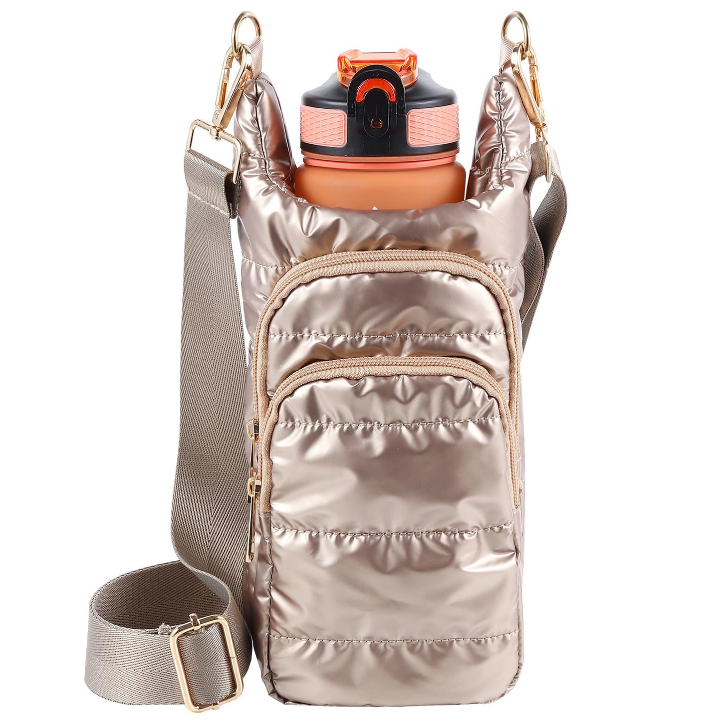 Quilted Puffer Water Bottle Crossbody Bag with Adjustable Strap, Women Sling Water Bottle Carrier Purse