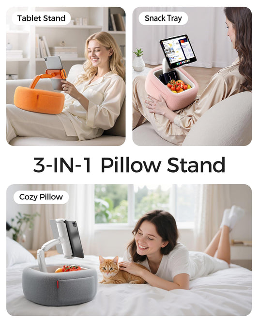Tablet Pillow Stand with Snack Bowl, 360° Adjustable 4.7-14.6”