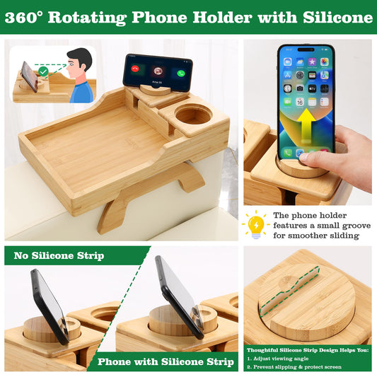4-in-1 Couch Cup Holder Tray with 360° Rotating Phone Holder, Clip-On Armrest Side Table