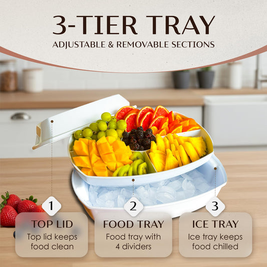 15" Chilled Serving Tray with Lid, 4-Compartment Ice Platter, BPA-Free Melamine