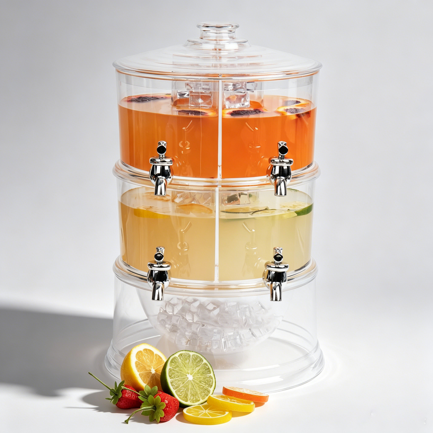 Clear 2-Tier Beverage Dispenser with Ice Bottom, 4-Section Stackable Drink Holder with Lids