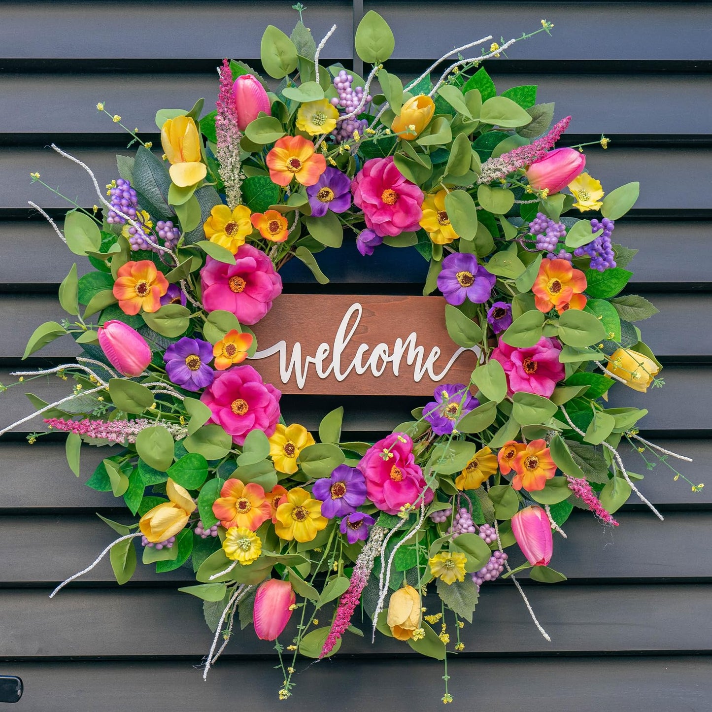 Farmhouse Style Spring Front Door Wreath, Artificial Floral Wreath with Eucalyptus Leaves for Indoor Outdoor Decor