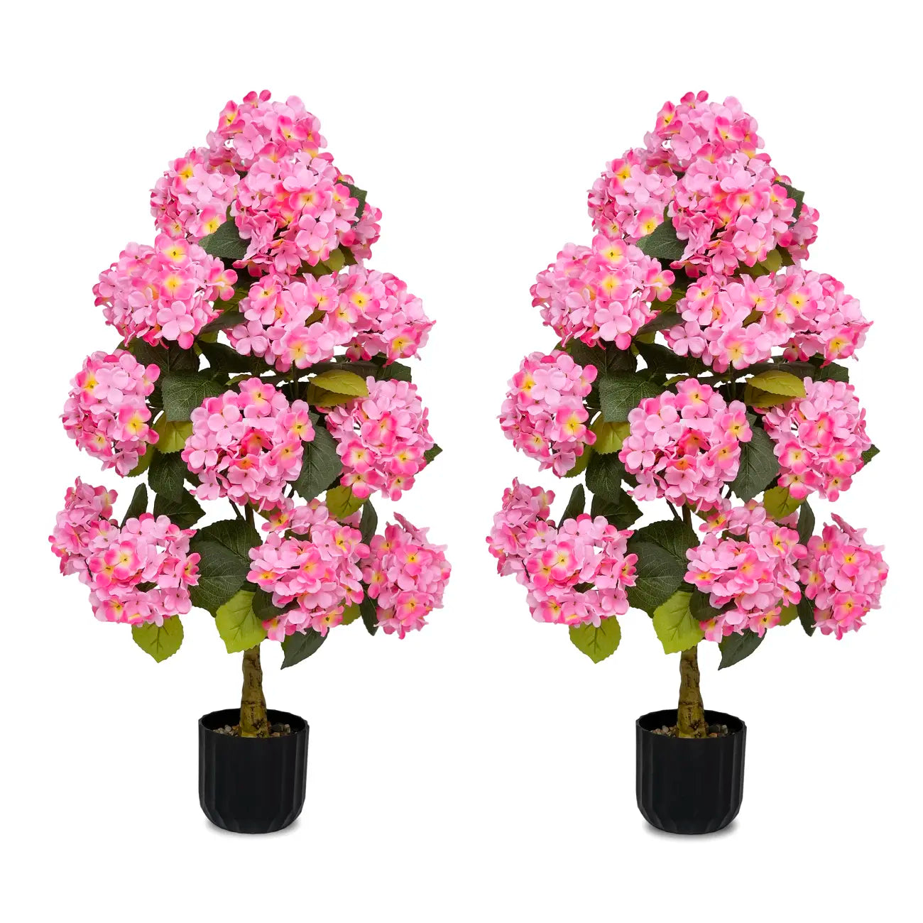 2Pcs 3Ft Silk Artificial Hydrangea Tree in Planter with Decor Pebbles, Indoor Outdoor Home Patio Decor | summerwins