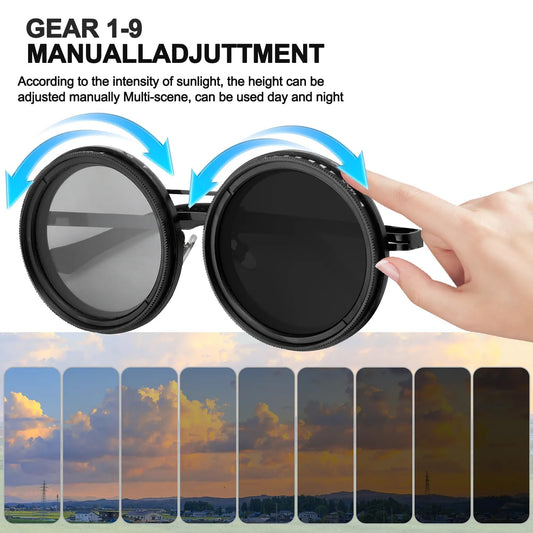 Adjustable Tint Polarized Sunglasses, 1-9 Gears ND Filter Round Eyewear with UV400 Protection for Beach and Outdoor Use
