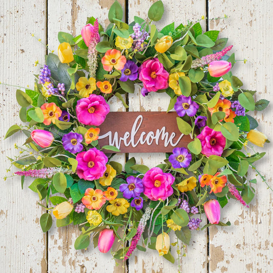 Farmhouse Style Spring Front Door Wreath, Artificial Floral Wreath with Eucalyptus Leaves for Indoor Outdoor Decor