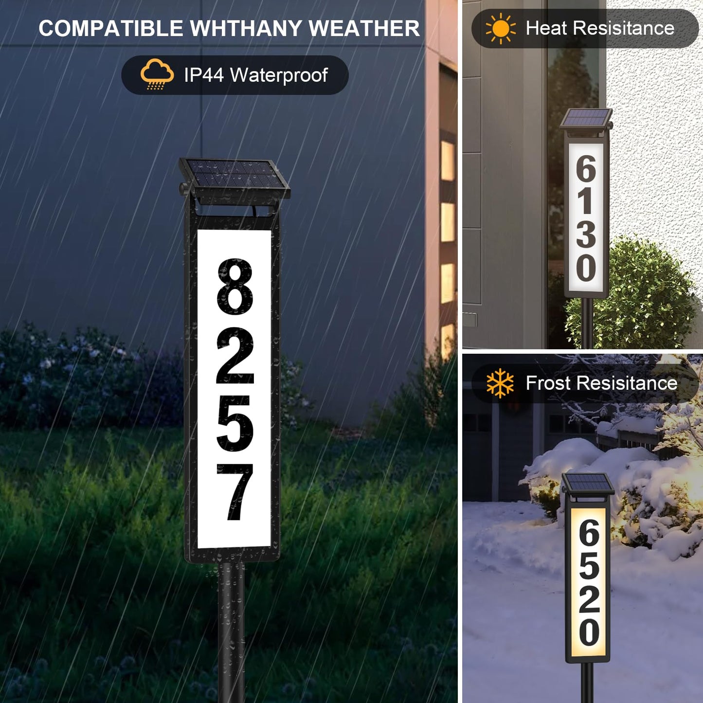 Black Solar LED Illuminated Address Sign, Waterproof House Numbers Plaque