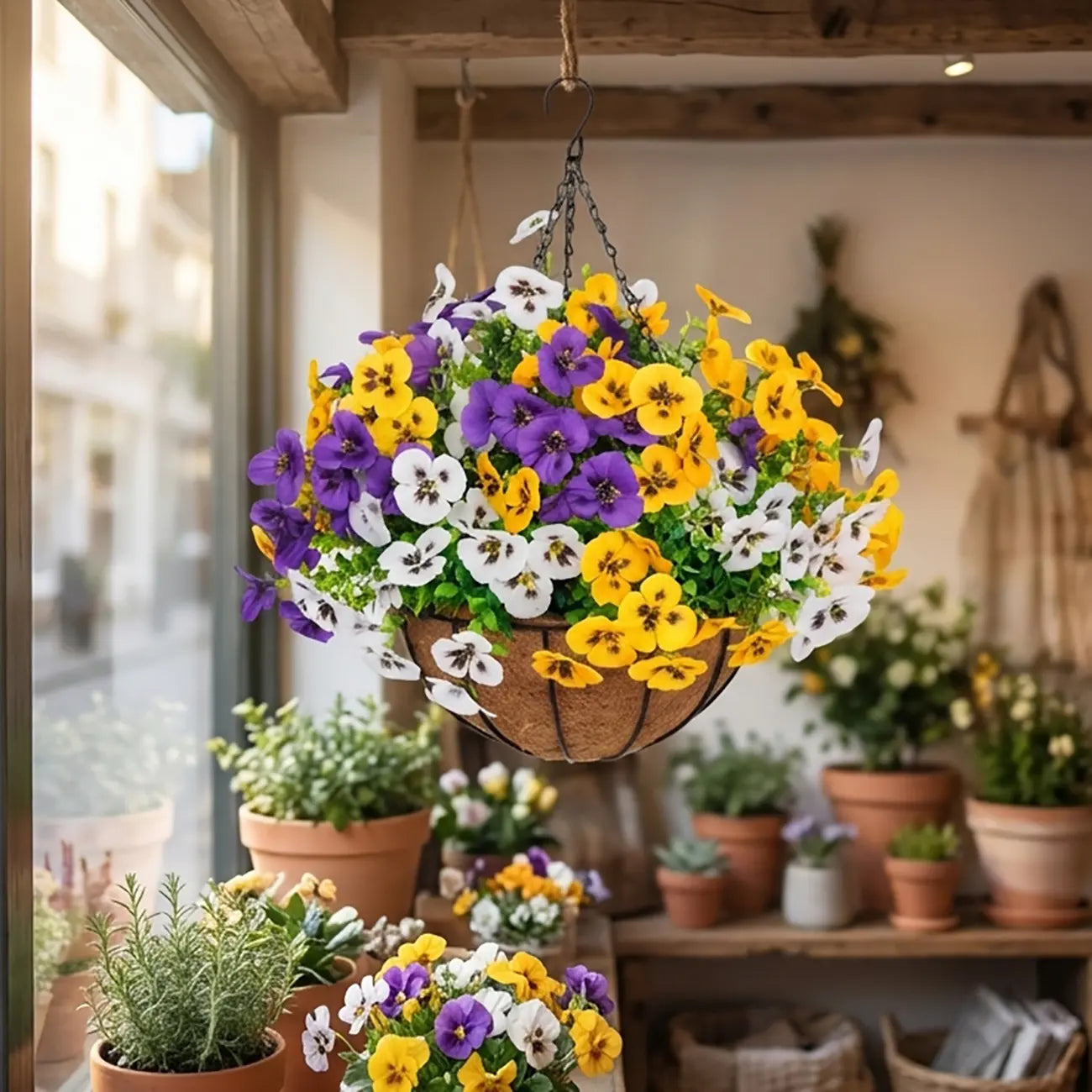 UV Resistant Artificial Hanging Flower Baskets for Indoor & Outdoor Decor