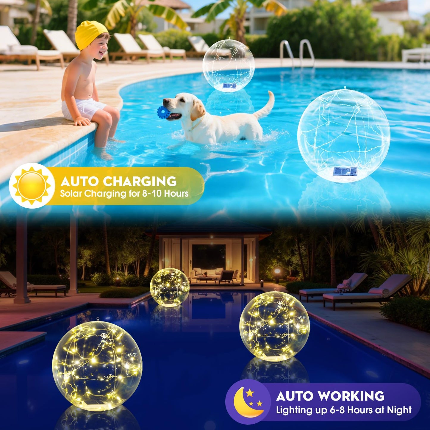 4Pcs 15in Warm White Solar Floating Pool Ball Lights, Auto On/Off Waterproof Decor Lamps
