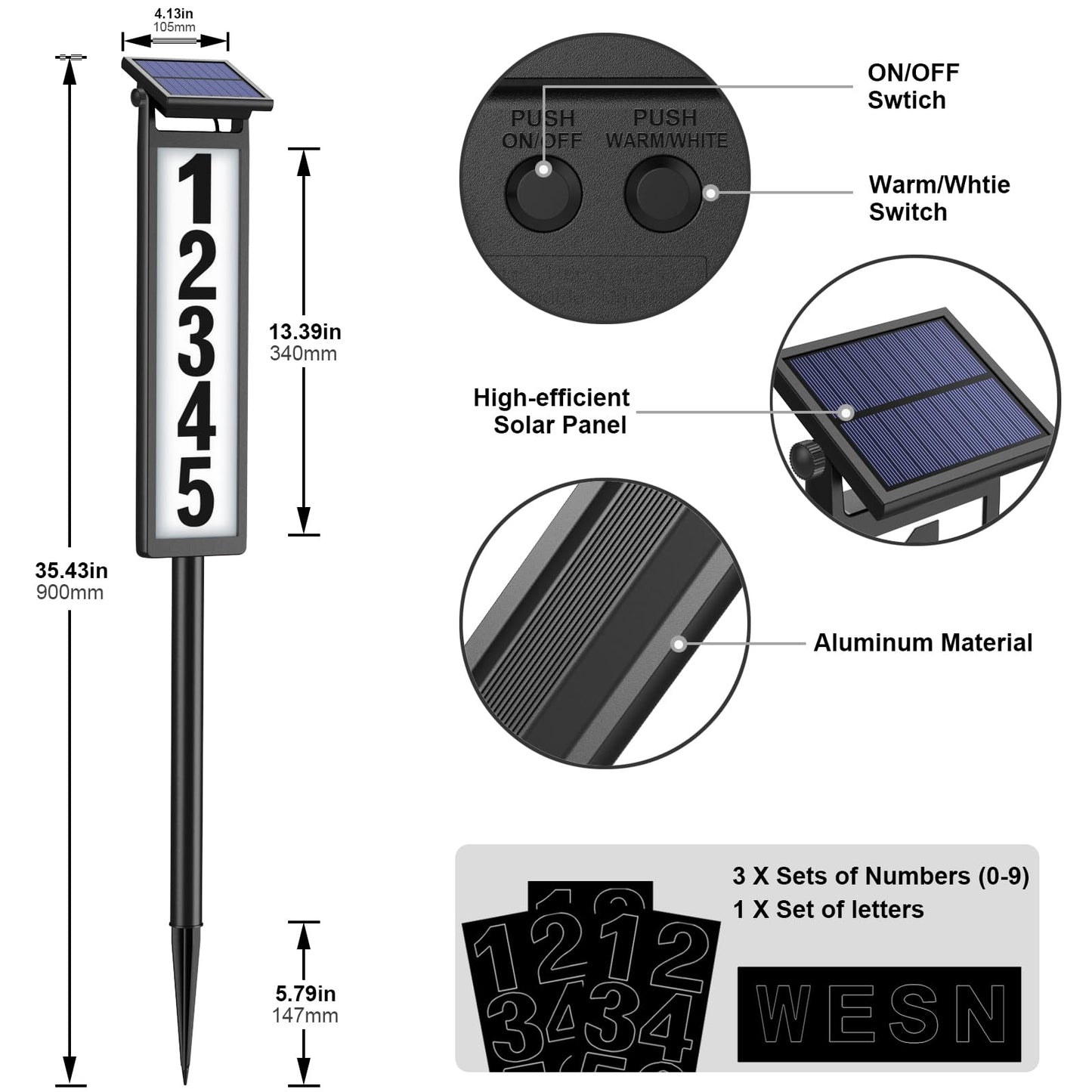 Black Solar LED Illuminated Address Sign, Waterproof House Numbers Plaque