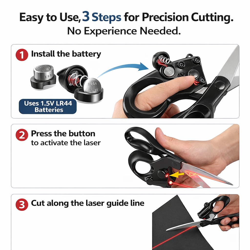 Black Laser Guided Sewing Scissors, Ergonomic Handle for Fabric & Crafts