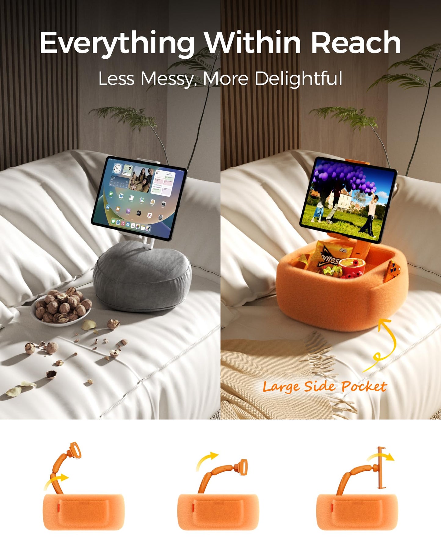 Tablet Pillow Stand with Snack Bowl, 360° Adjustable 4.7-14.6”