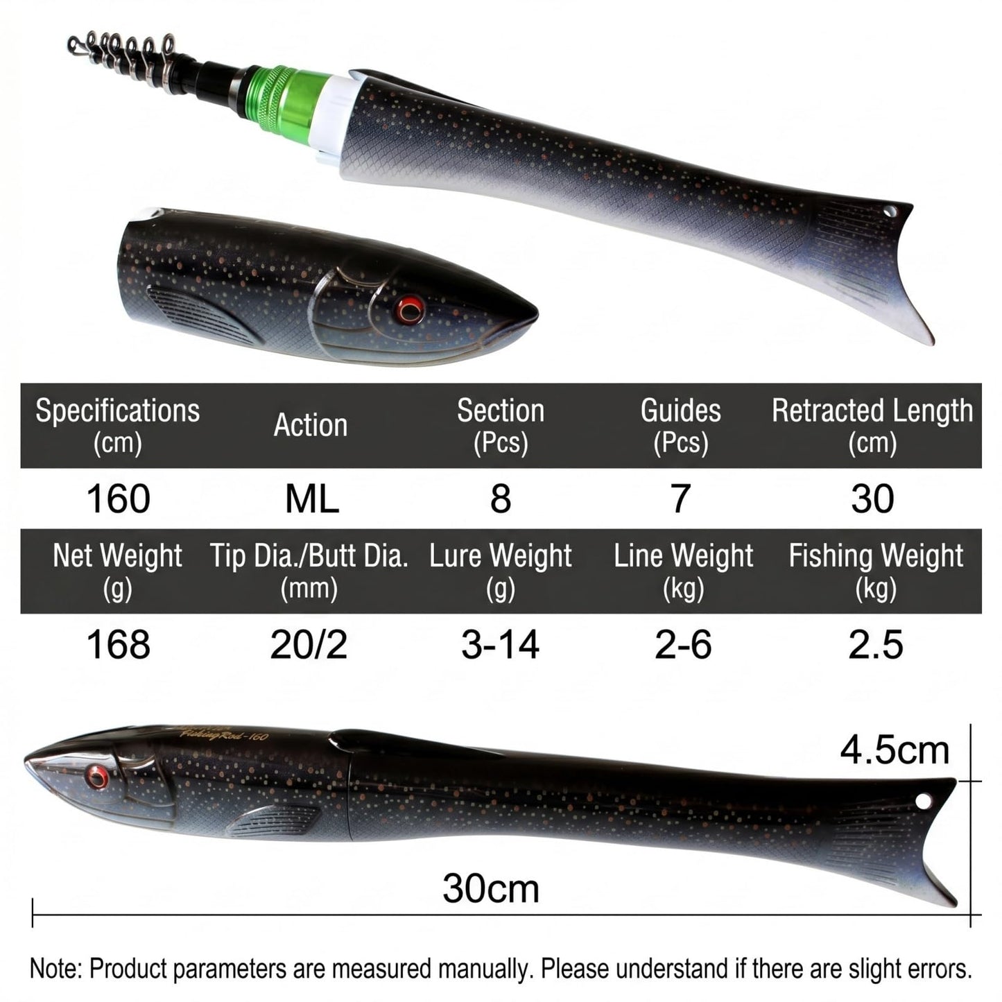 5.2ft Telescopic Carbon Fiber Fishing Rod, Portable Travel Lure Spinning Pole