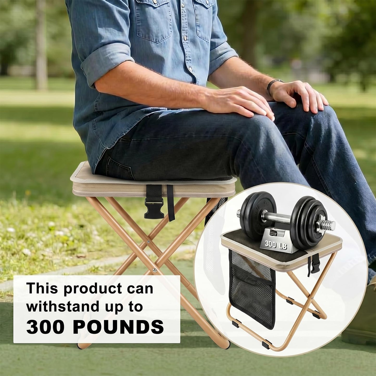 16" Collapsible Portable Stool with Pockets, Khaki Outdoor Folding Chair