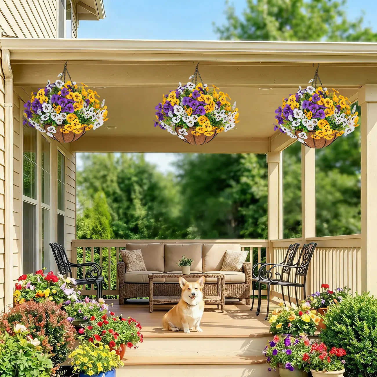 UV Resistant Artificial Hanging Flower Baskets for Indoor & Outdoor Decor