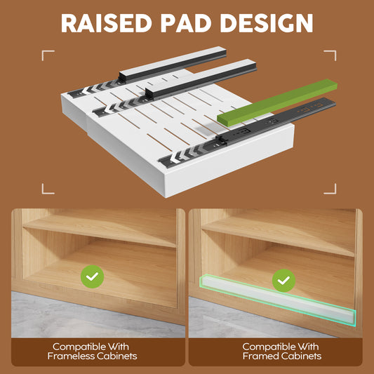 Expandable Pull Out Cabinet Organizer, Adhesive Roll Out Shelves with Raising Pad, Upgraded Slide Rails Design