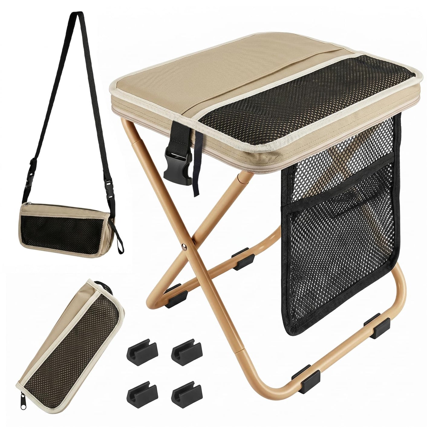 16" Collapsible Portable Stool with Pockets, Khaki Outdoor Folding Chair