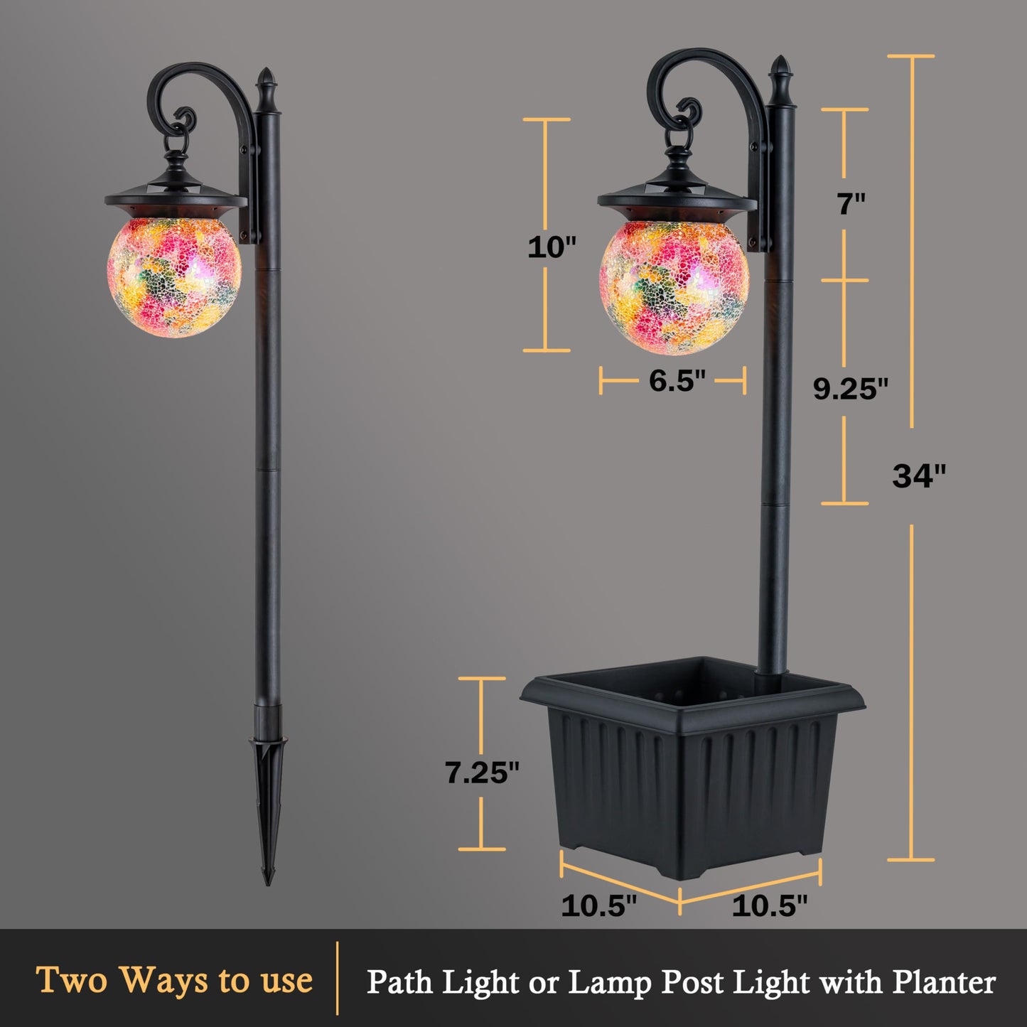 2-in-1 Solar Lamp Post Light with Planter, Mosaic Glass Outdoor Light