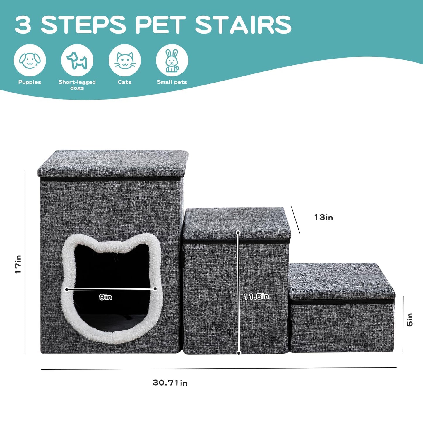 3-Step Non-Slip Pet Stairs with Storage