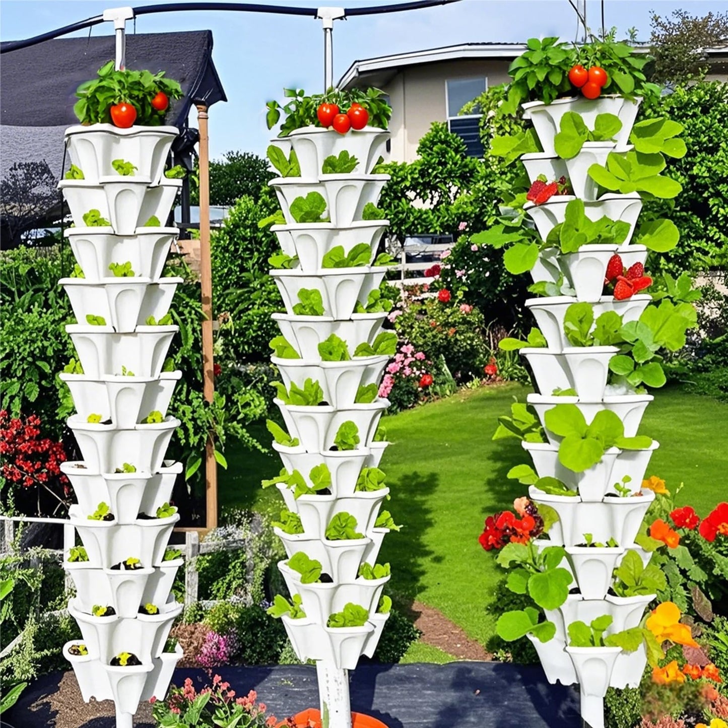 7 Tier Vertical Stackable Planter Tower, Multi Layer Plant Growing Pot with Support Pole and Removable Wheels