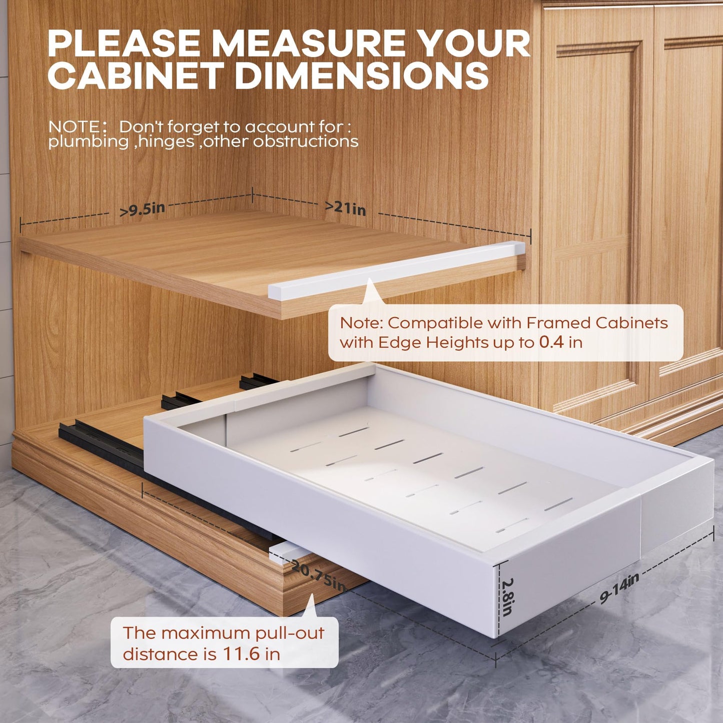 Expandable Pull Out Cabinet Organizer, Adhesive Roll Out Shelves with Raising Pad, Upgraded Slide Rails Design