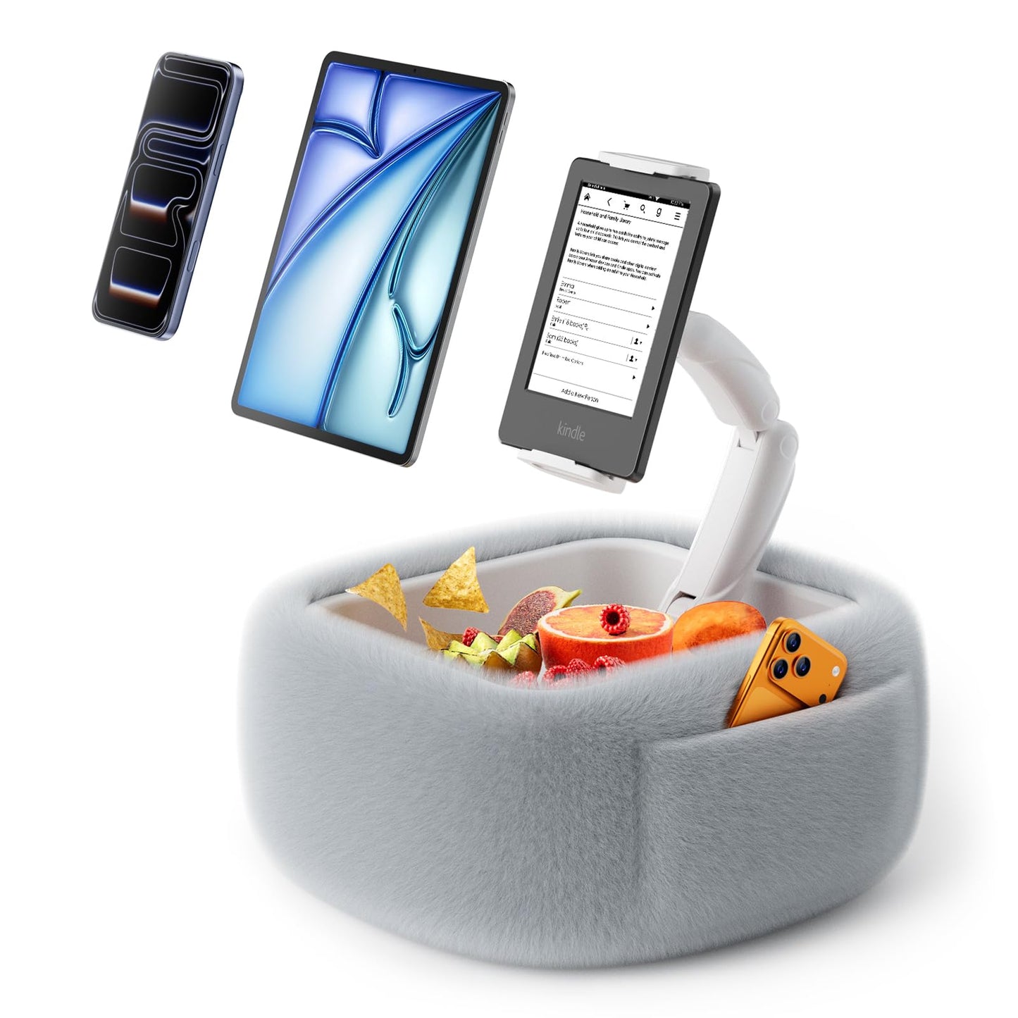 Tablet Pillow Stand with Snack Bowl, 360° Adjustable 4.7-14.6”