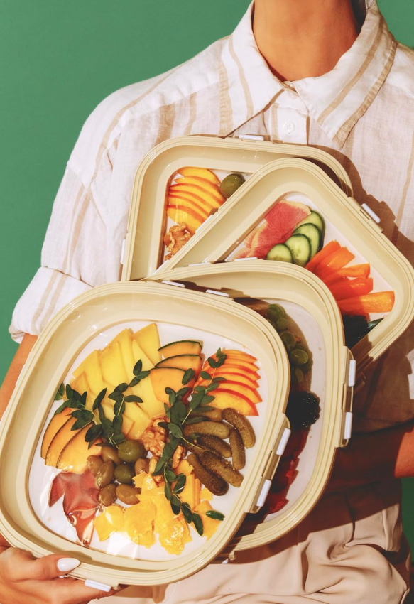 4-Pack Portable Snack Tray, Reversible Stretch Lid Food Containers, BPA-Free Cream White