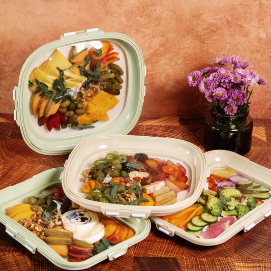 4-Pack Portable Snack Tray, Reversible Stretch Lid Food Containers, BPA-Free Cream White