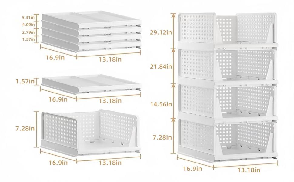 Stackable Plastic Storage Baskets, 4 Pack Foldable Closet Organizers