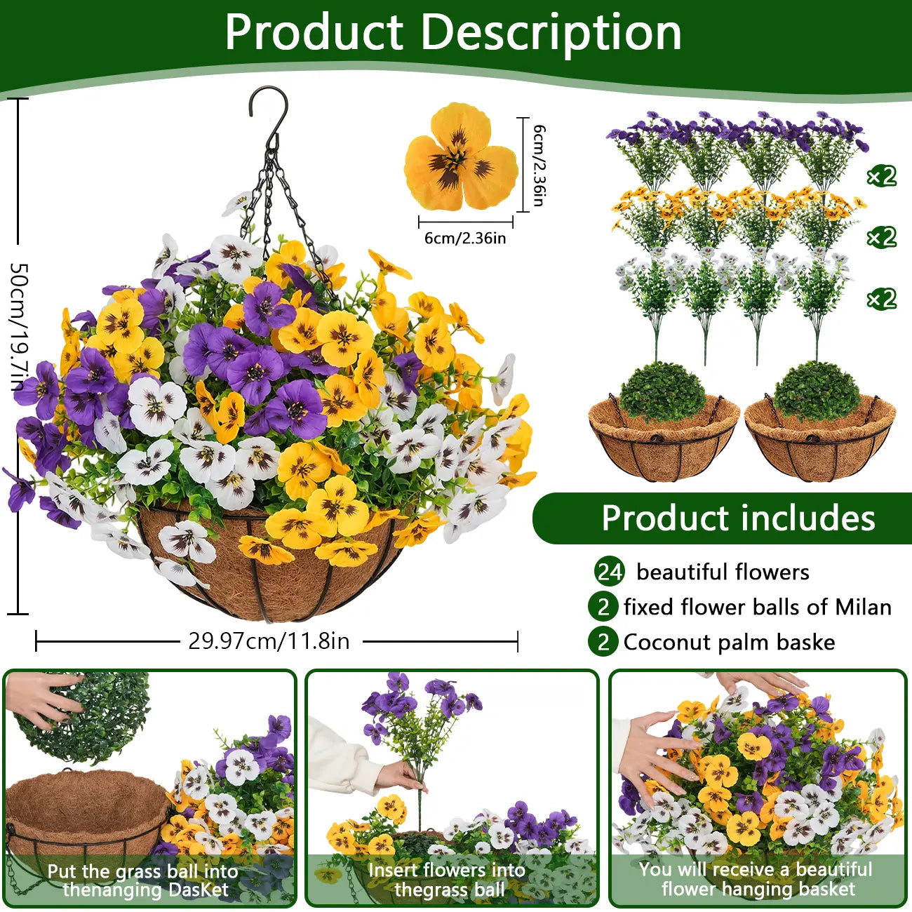 UV Resistant Artificial Hanging Flower Baskets for Indoor & Outdoor Decor