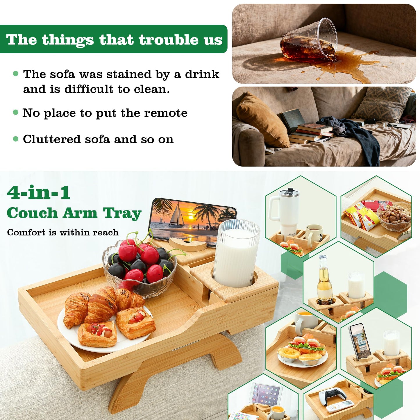 4-in-1 Couch Cup Holder Tray with 360° Rotating Phone Holder, Clip-On Armrest Side Table