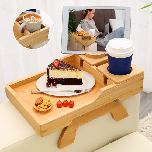 4-in-1 Couch Cup Holder Tray with 360° Rotating Phone Holder, Clip-On Armrest Side Table