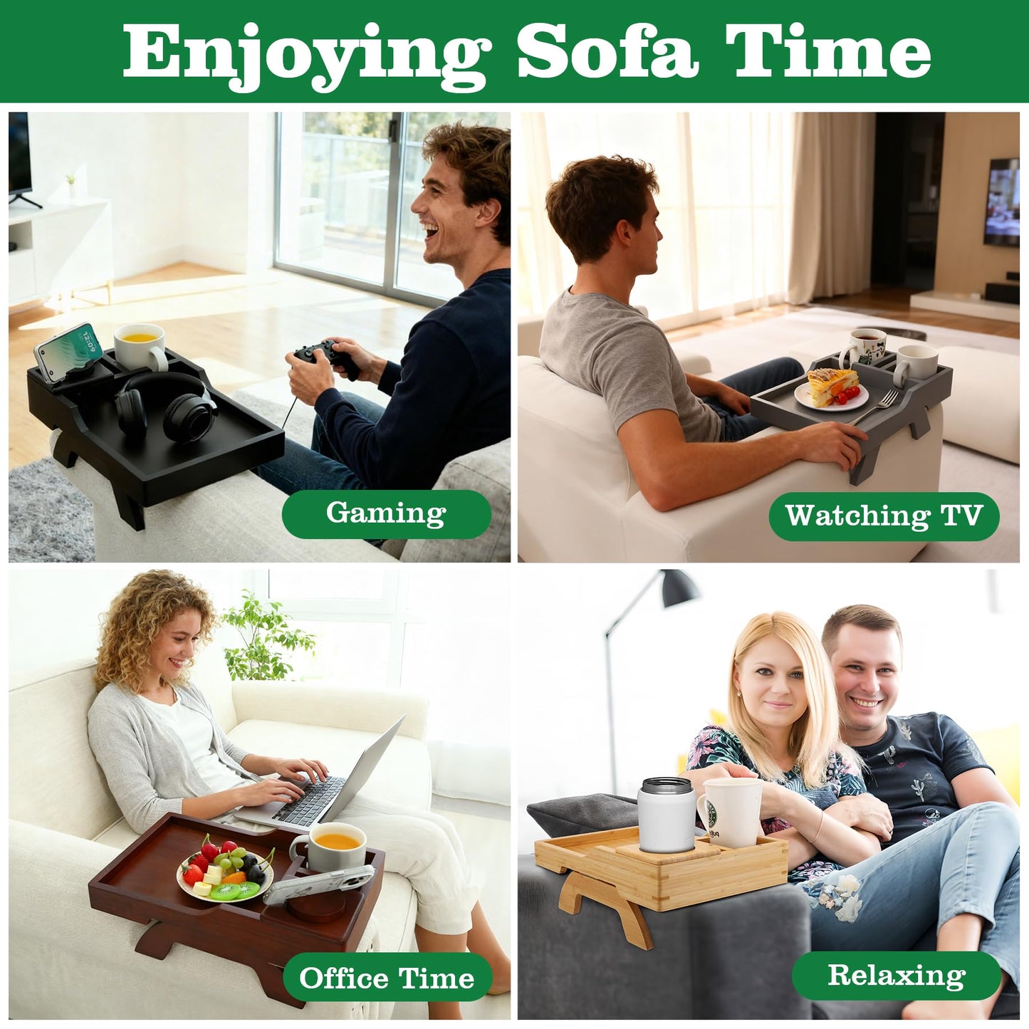 4-in-1 Couch Cup Holder Tray with 360° Rotating Phone Holder, Clip-On Armrest Side Table