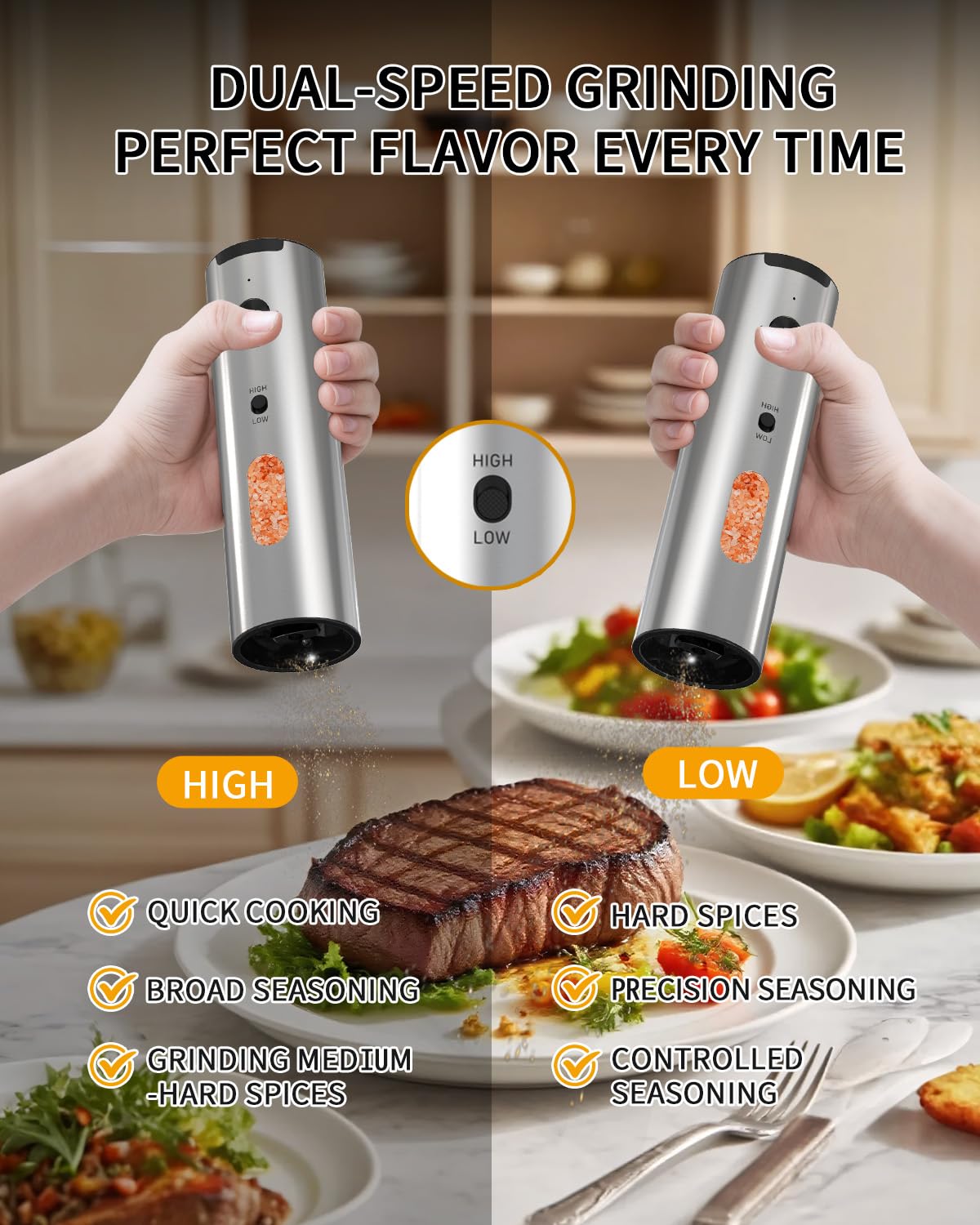 Rechargeable Electric Salt & Pepper Grinder Set with Charging Base & LED Light