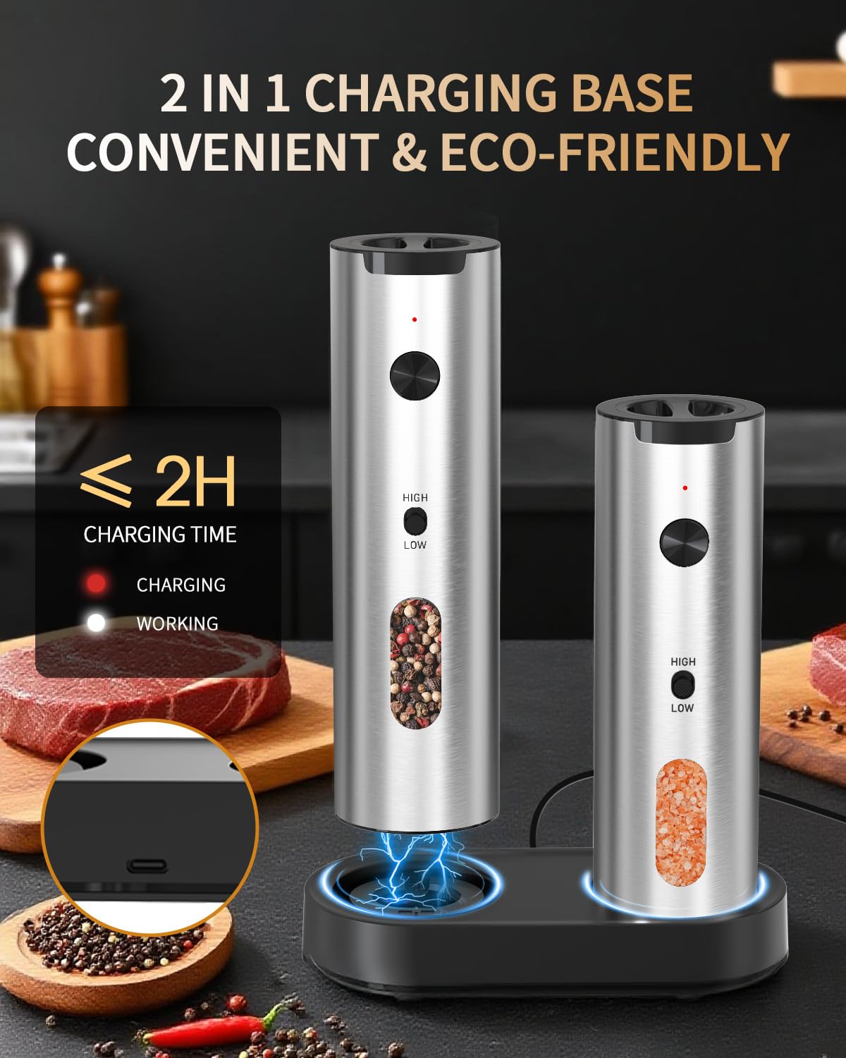 Rechargeable Electric Salt & Pepper Grinder Set with Charging Base & LED Light