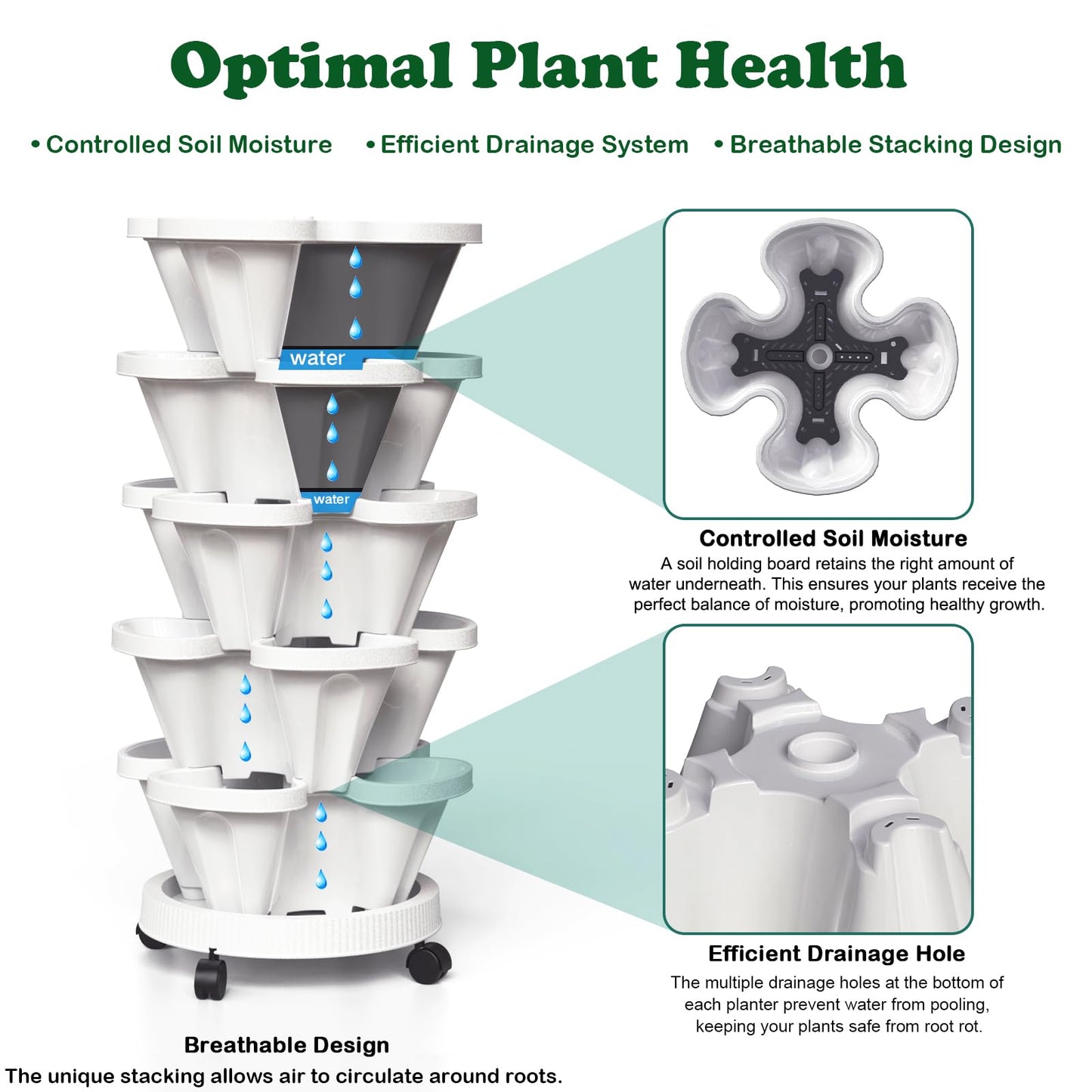 7 Tier Vertical Stackable Planter Tower, Multi Layer Plant Growing Pot with Support Pole and Removable Wheels