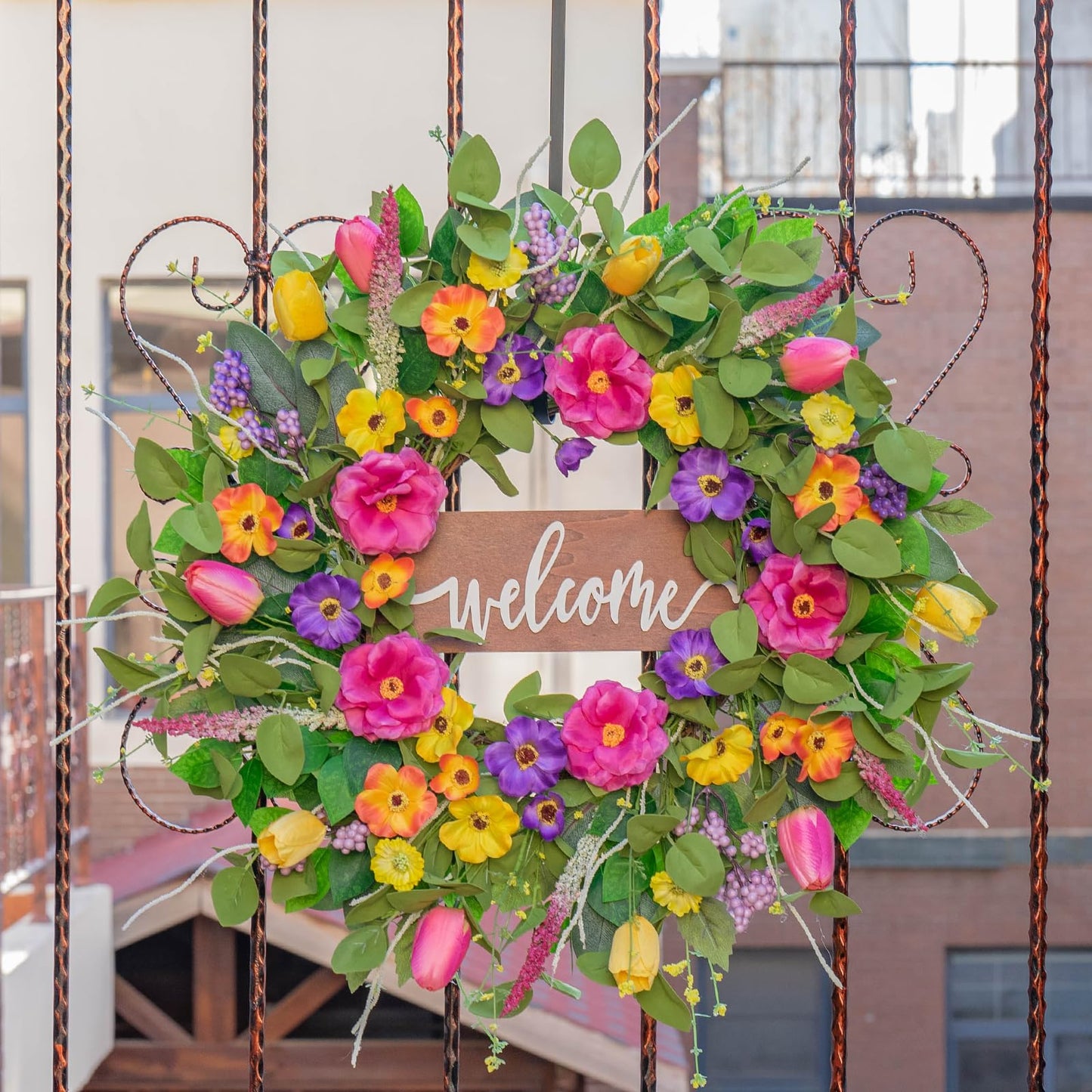 Farmhouse Style Spring Front Door Wreath, Artificial Floral Wreath with Eucalyptus Leaves for Indoor Outdoor Decor