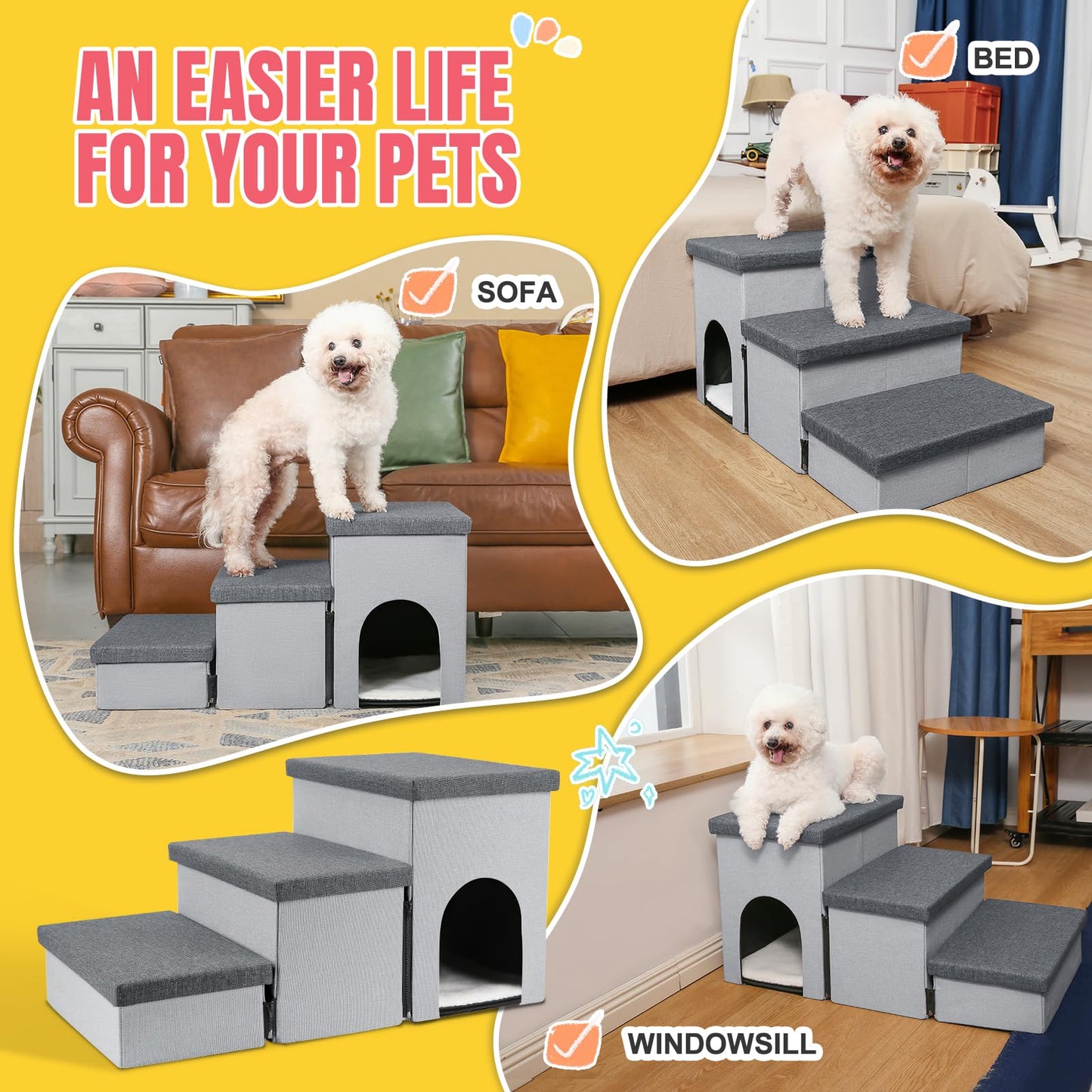 3-Step Non-Slip Foldable Pet Stairs for Dogs and Cats