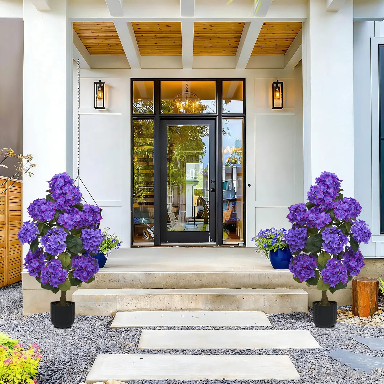 2Pcs 3Ft Silk Artificial Hydrangea Tree in Planter with Decor Pebbles, Indoor Outdoor Home Patio Decor | summerwins