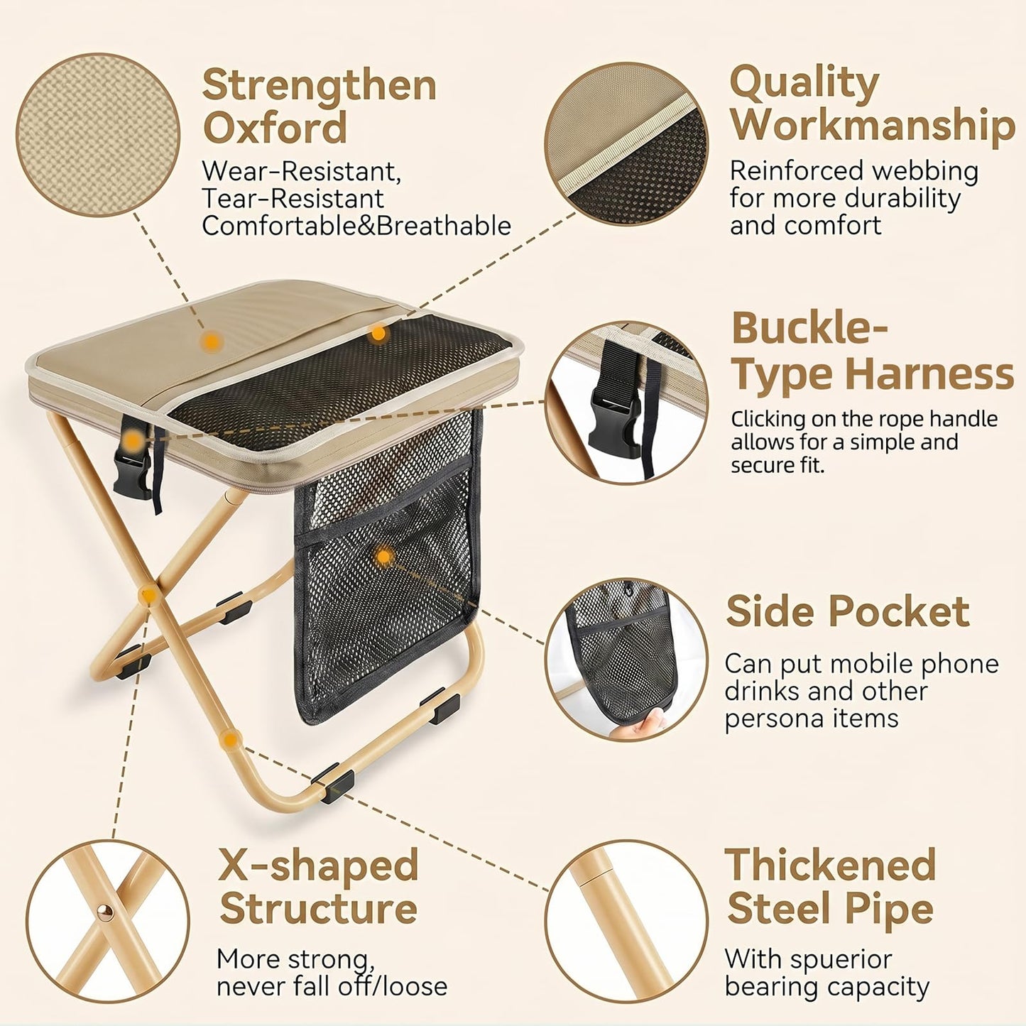 16" Collapsible Portable Stool with Pockets, Khaki Outdoor Folding Chair