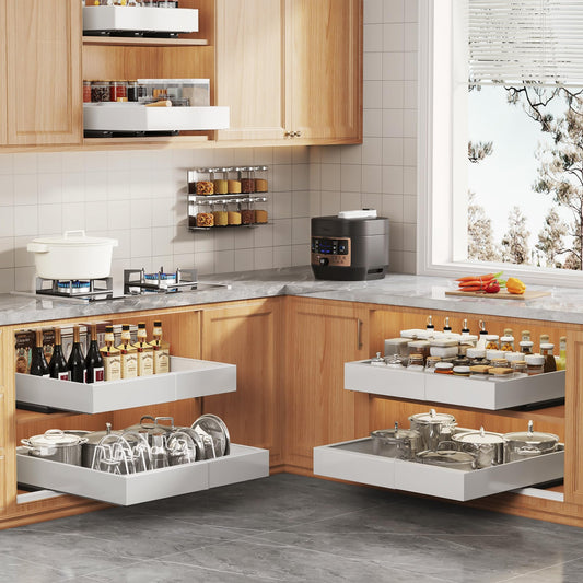 Expandable Pull Out Cabinet Organizer, Adhesive Roll Out Shelves with Raising Pad, Upgraded Slide Rails Design