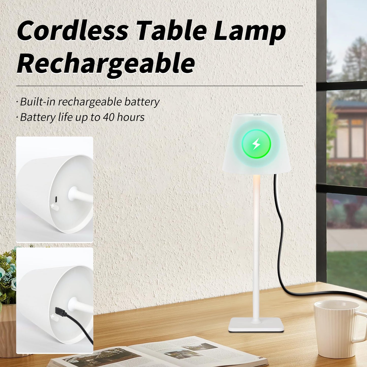 Set of 2 Rechargeable Cordless LED Table Lamps, Waterproof for Patio, Restaurant & Kitchen
