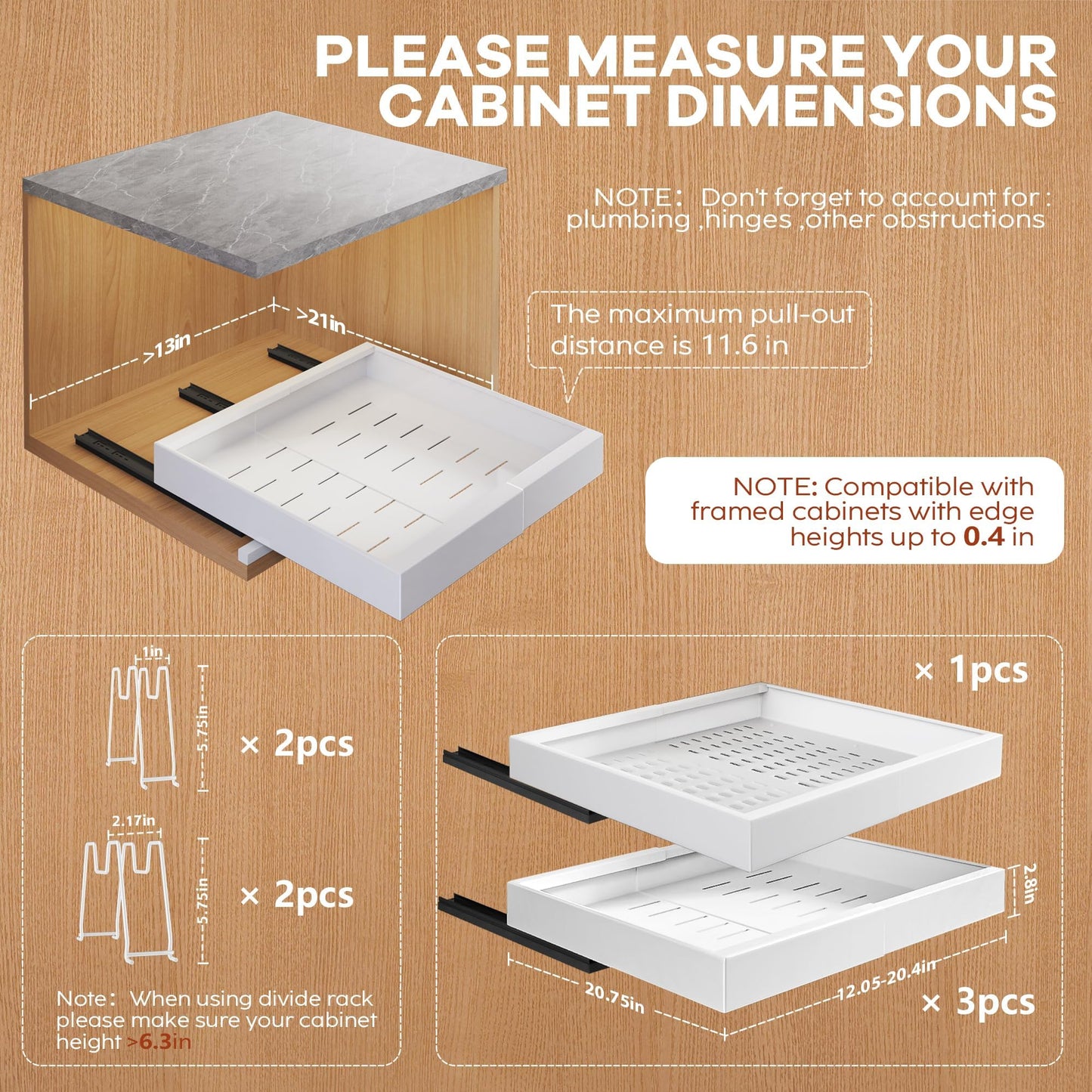 Expandable Pull Out Cabinet Organizer, Adhesive Roll Out Shelves with Raising Pad, Upgraded Slide Rails Design