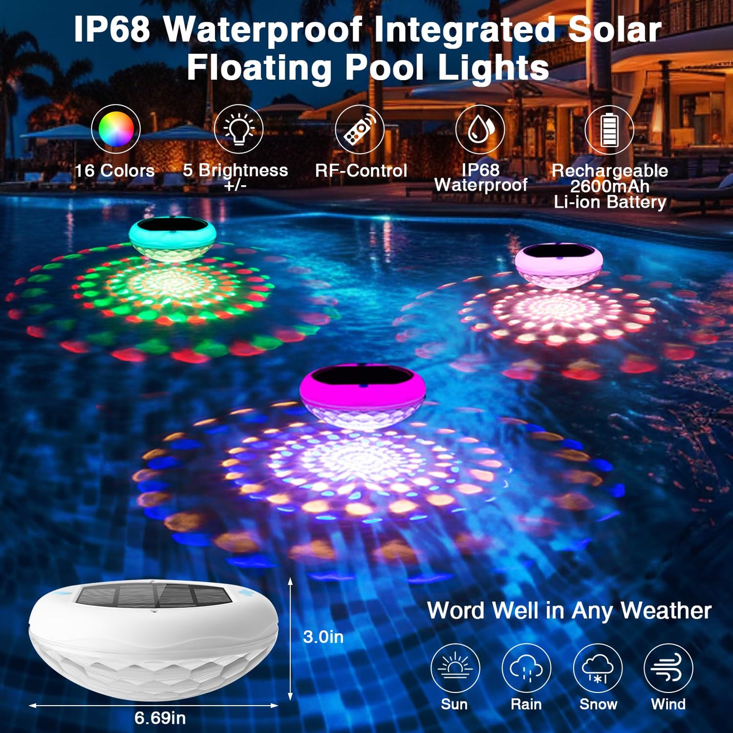 4 Pack IP68 Waterproof Remote Floating Pool & Pond Lights