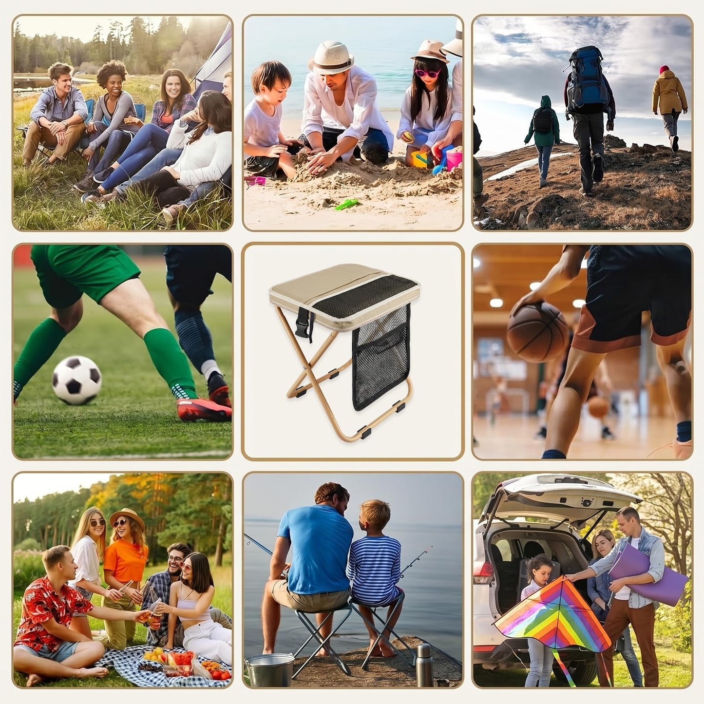 16" Collapsible Portable Stool with Pockets, Khaki Outdoor Folding Chair