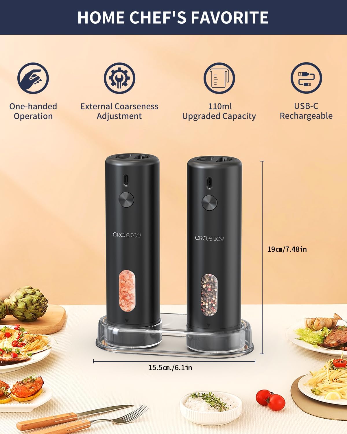 Rechargeable Electric Salt & Pepper Grinder Set with Charging Base & LED Light