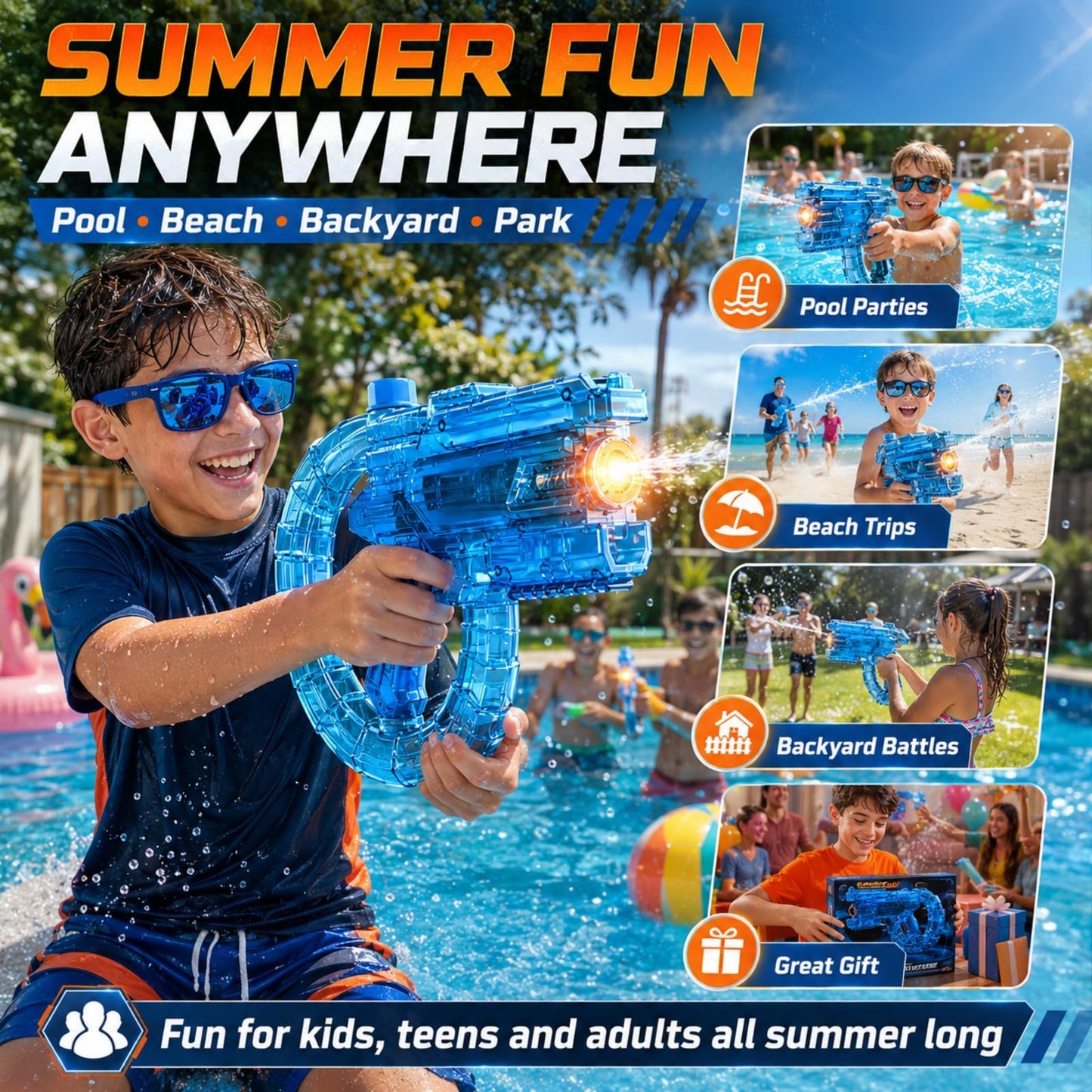 Black Automatic Electric Water Gun with LED Light, Rechargeable Large Capacity Long Range Water Blaster for Adult Pool Beach Summer Water Fight