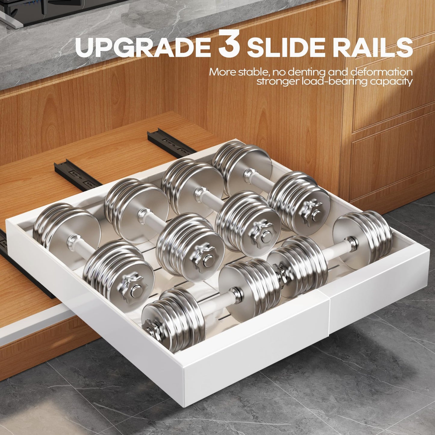 Expandable Pull Out Cabinet Organizer, Adhesive Roll Out Shelves with Raising Pad, Upgraded Slide Rails Design