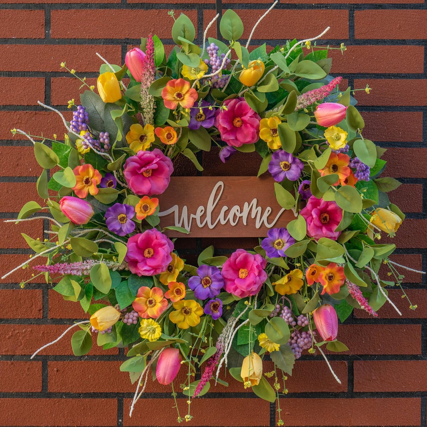 Farmhouse Style Spring Front Door Wreath, Artificial Floral Wreath with Eucalyptus Leaves for Indoor Outdoor Decor