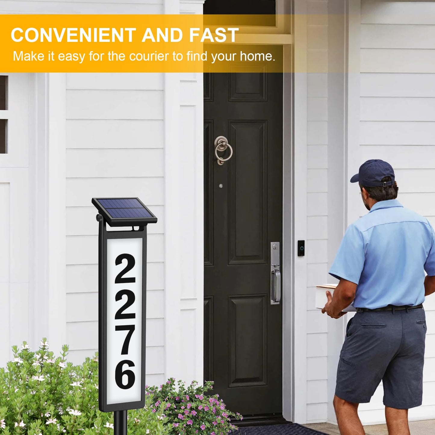 Black Solar LED Illuminated Address Sign, Waterproof House Numbers Plaque
